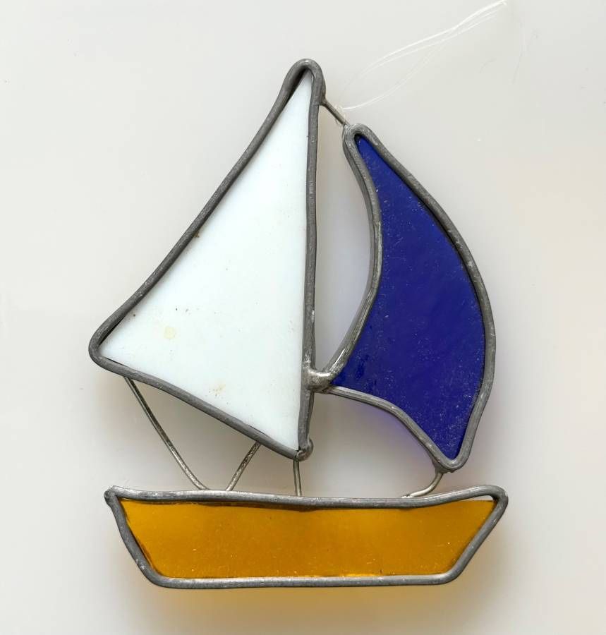 Vintage Stained Glass Sail Boat Suncatcher Decor