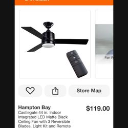 44” CASTLEGATE  BLACK CEILING FAN  W REMOTE NEW