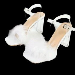 Chicken Feather Clear Strap Chunky Heeled Ankle Strap Sandals