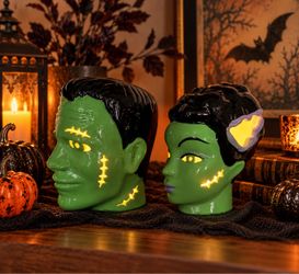 💚🖤 Adorable Frankenstein & Bride of Frankenstein ceramic light-up heads 🎃