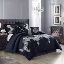 Stratford Park Damask Comforter Set, Navy/Blue, King, 7 Piece