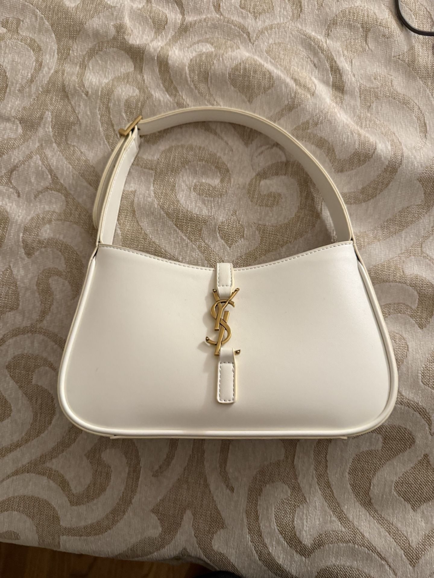 YSL Logo White Leather Hobo Bag 