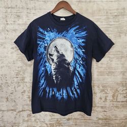 Vintage Wolf Shirt Men's M Navy Blue Howling at the Moon Graphic Tee