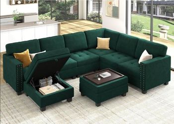 Velvet U Shaped Sectional Sofa, Green, 81"D x 104.7"W x 35.4"H, Modern Style with Nailhead Trim, Includes Ottoman with Storage