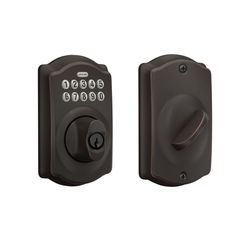 Schlage Camelot Electronic Keypad Deadbolt Lock, Keyless Front Door Entry, Mechanical Key Backup Included, Aged Bronze, BE365 V CAM 716