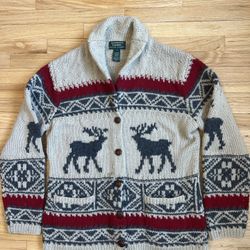 Vintage Lauren Ralph Lauren Cardigan Womens Large Deer Wool Hand Knit Ski Medium