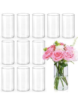 6 Inch Glass Cylinder Vases for Centerpieces | 12Pcs Clear Small Flower Vase for Wedding Decorations, Floating Candle Vases in Bulk, Hurricane Candle 