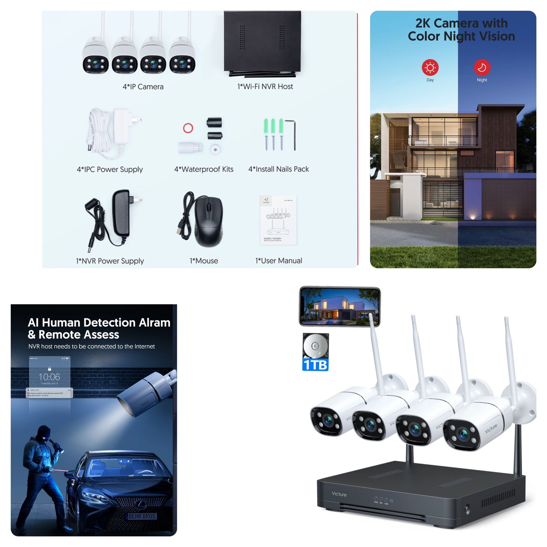 1TB Wireless Outdoor Security Camera System - Victure NK300H