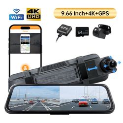 Cinandrow 9.66 inch 4K HD Universal Mirror Dash Cam ,1080P Rear Camera/GPS/Free TF Card