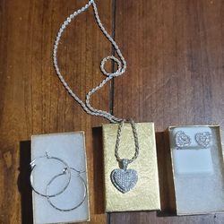 Sterling Silver Necklace W/diamond Heart Pendant/matching Earrings 