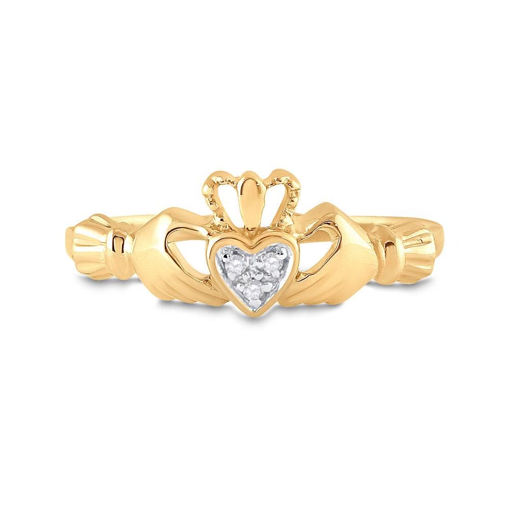 Saris and Things 14kt Yellow Gold Womens Round Diamond Claddagh Heart Ring .02 Cttw