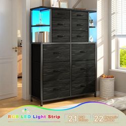 Tall Dressers for Bedroom with 12 Fabric Drawers and Open Shelves White Dressers & Chests of Drawers with LED Lights, Metal Frame