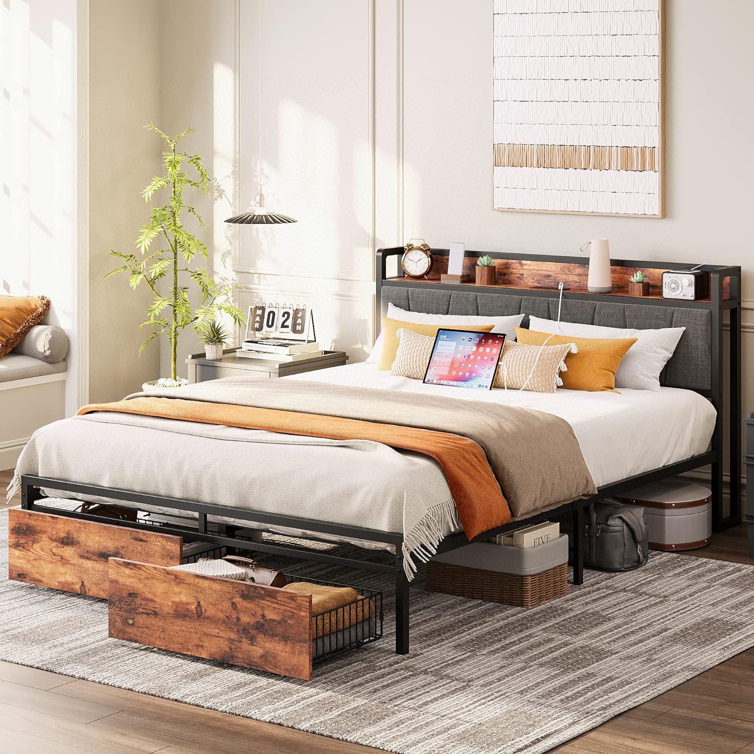 Queen Bed Frame, Storage Headboard with Charging Station, Platform Bed with Drawers, CAPACITY 2200lb