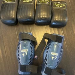 Gold's Gym boxing gloves and Warrior shin guards