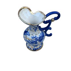 1960s Belgian "Hubert Bequet" "Bird of Paradise" Hand Painted Blue and White Pitcher With Gold Handl