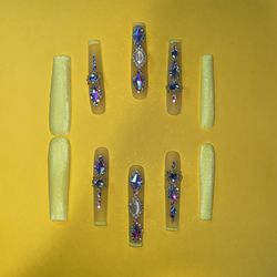 Neon Yellow Sand And Diamond Nails
