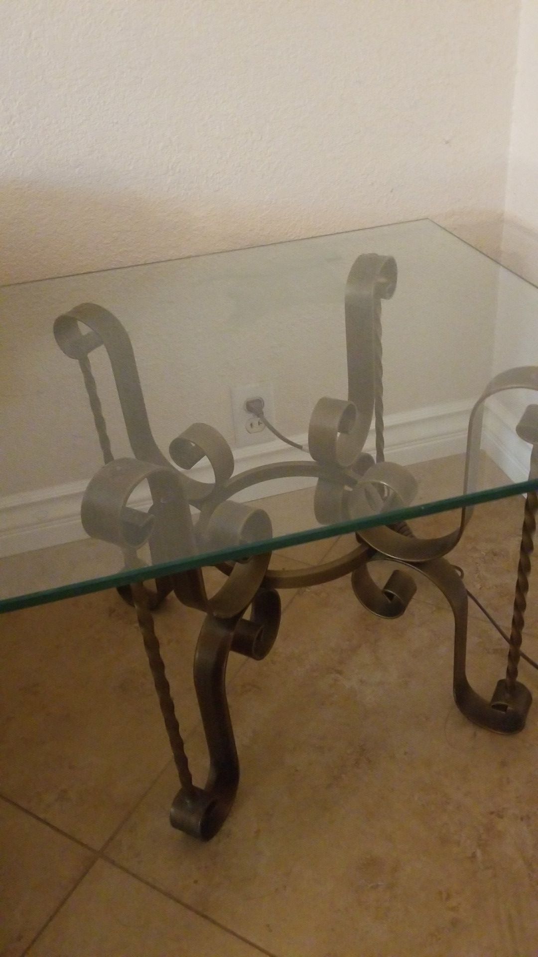Coffee and two end tables- Glass top, wrought iron