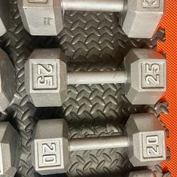 The Couple's Set... Cast Iron Hex Dumbbells: 5s, 8s, 10s, 12s, 15s, 20s, 25s and 30 pounders. Brute W= 250#