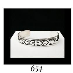 7.5" x 12mm Kee Brown, Handcrafted Solid Sterling Silver & Black Enamel Tribal Cuff Bracelet, signed