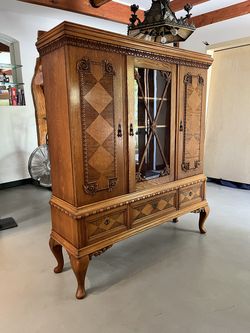 Handcrafted Two-Tone Solid Oak Armoire with Decorative Inlay
