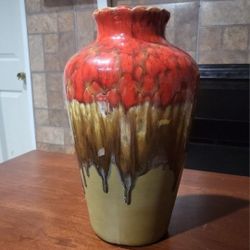 14"  Hand Made Red/Brown/Tan Drip Glaze Vase 