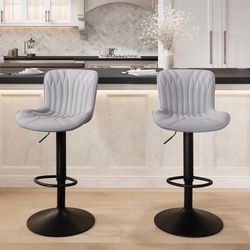 Grey Bar Stools Set of 2 Modern Kitchen Counter Height Bar Chairs with Backs Faux Leather Upholstered Barstools Swivel Tall Adjustable Padded Breakfas