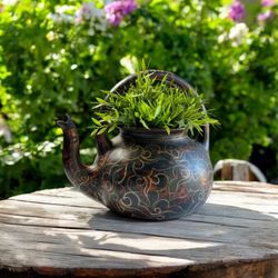 RARE! Vintage Large Hand Painted Pottery Teapot Planter / Watering Pot / Vase 