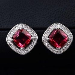 Red & White Stud Halo Earrings/AAA Cubic Zirconia Stones (NWT)
