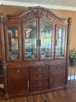 Large Wood China Cabinet Hutch with Glass Doors