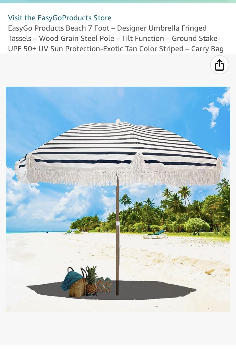 7’ Beach Umbrella Fringed tassels Wood Grain Steel Pole