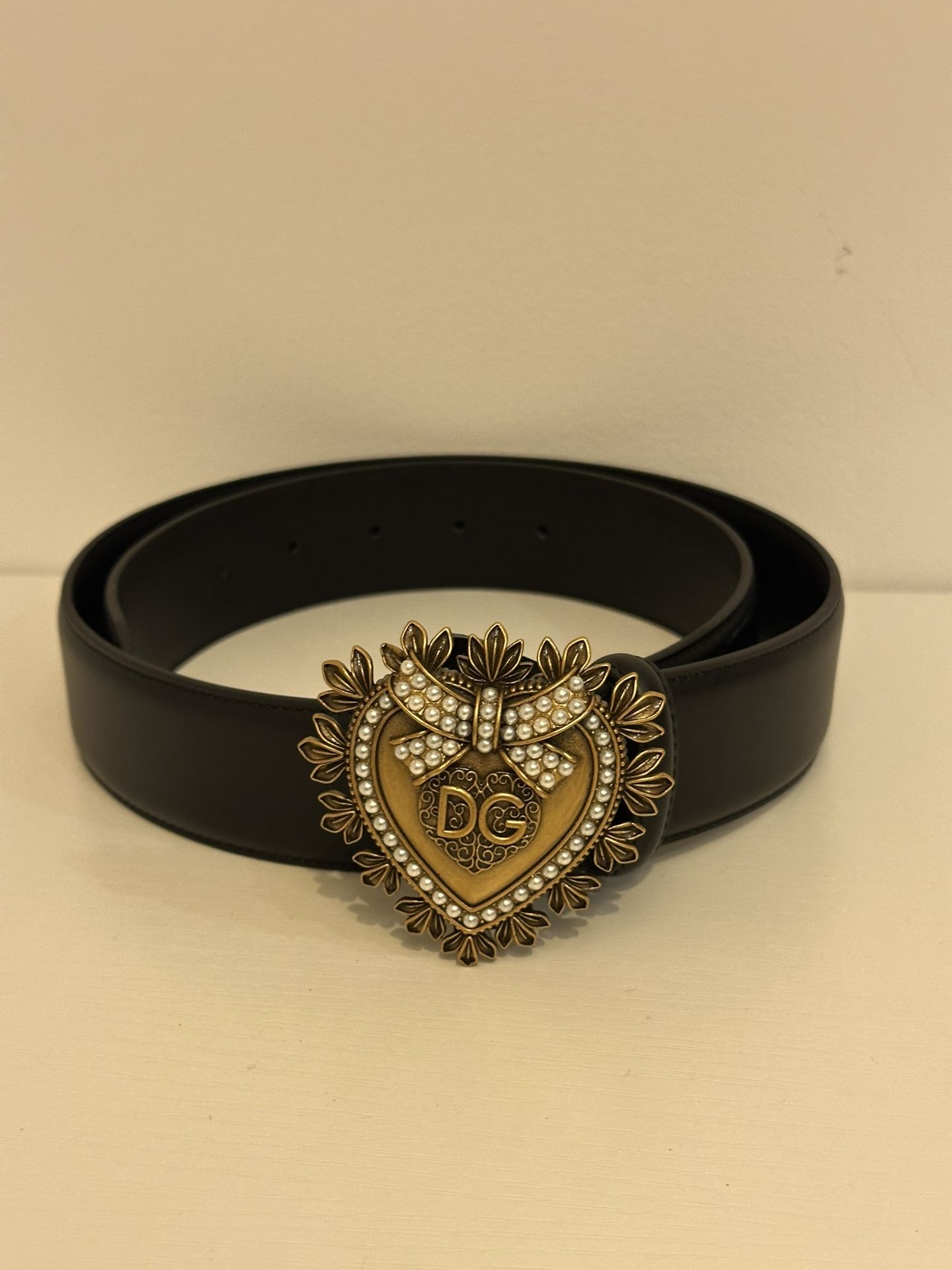 Black Leather Belt with Gold Heart Buckle