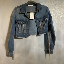 Women’s blue denim Jean rhinestone fringe cropped jacket size small