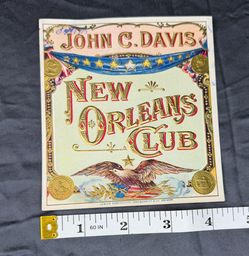 1898 John C Davis New Orleans Club Embossed Cigar Box Label Schmidt NY