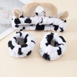 3pcs/set Cartoon Cow Patterned Makeup Headband For Women, Can Be Used When Washing Face Or Taking A Bath. (random Pattern Placement)
