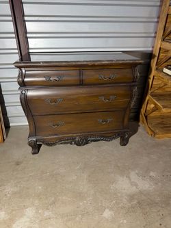 Vintage Marble Top Bombe Chest / Dresser – Ornate Carved Wood – 41.5” Wide