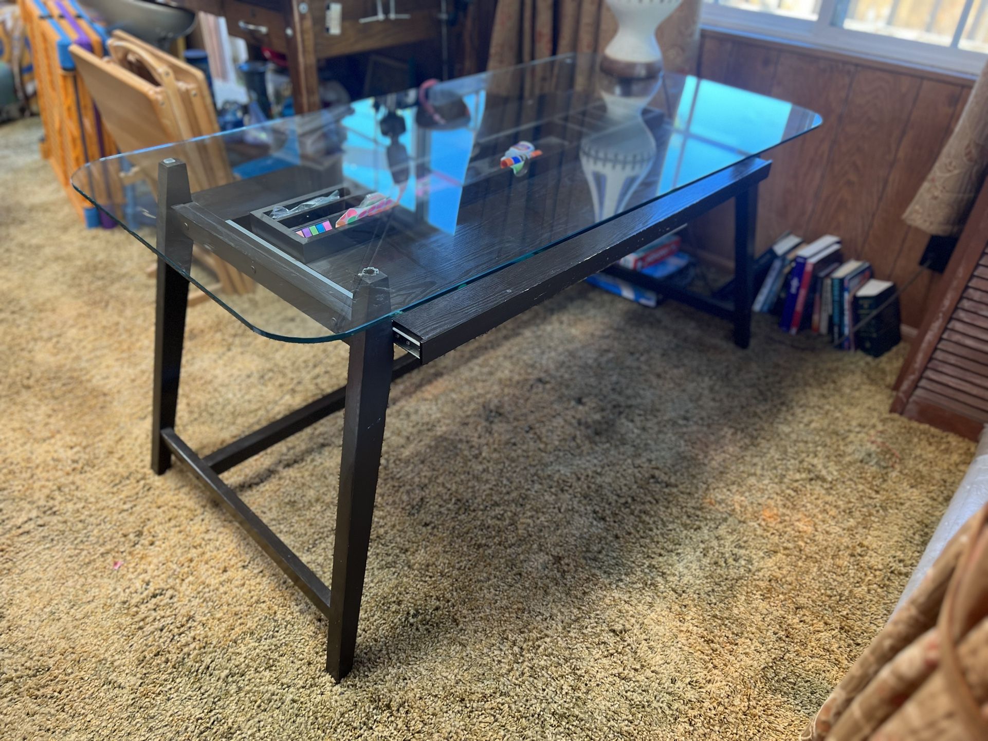 Modern Glass top Desk With Pull-out Drawer