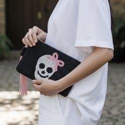 Wandering Moon Beaded Skull Clutch With Skull With Pink Bow  Pouch NWT 