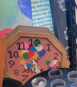 Vintage cross stitch wall clock rainbow color balloons cottage boho granny chic