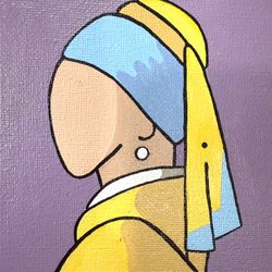 Stylized painting of the famous artwork "Girl with a Pearl Earring" by Dutch artist Johannes Vermeer 5” Square Canvas on Wood Frame   Perfect for Smal