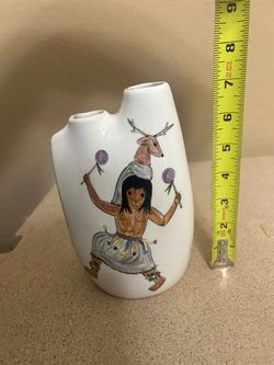 3 Hand-Painted Native American Deer Dancer Ceramic Vase