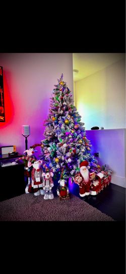 Beautiful Flocked Christmas Tree with Lights & Holiday Decor Bundle