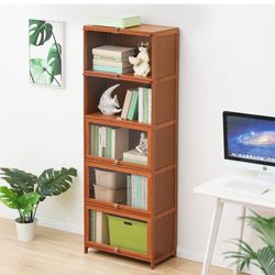 Tall Narrow Bamboo Bookcase With Acrylic Flip-Up Doors