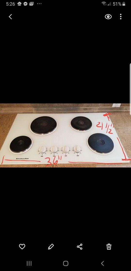 36" Kitchen Aid white Stove top range