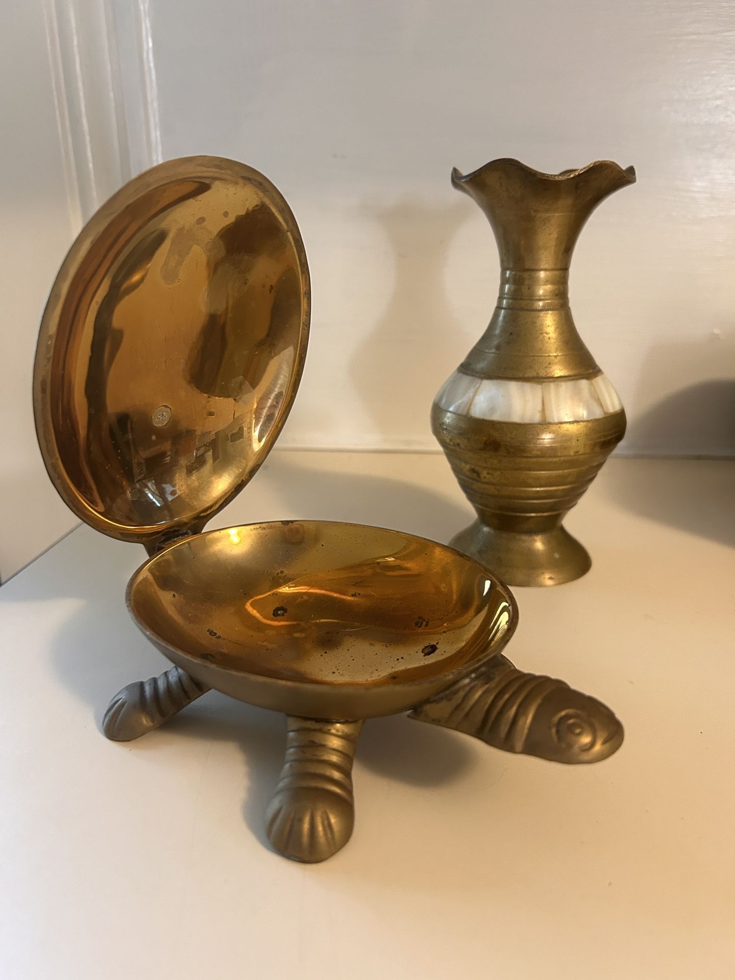 Brass/ Mother Of Pearl- Vase And Turtle