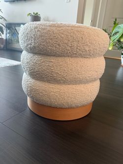 Cream Boucle Ottoman with Wood Base