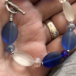 Cobalt Blue Sea Glass And White Stones Bracelet 