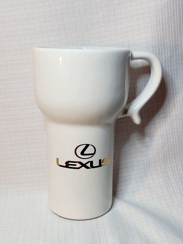 Lexus Logo Travel Mug w/Locking Lid & Handle White & Gold Ceramic 6.25" Tall USA