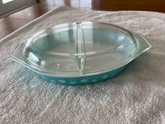 Vintage Pyrex 1063 Turquoise Snowflake Divided Casserole w/ Original Divided Lid