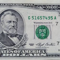 1993 small face vintage $50 bill Federal Reserve old paper money older American currency bank note