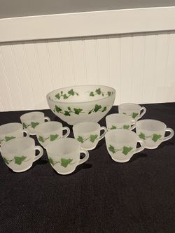 Federal Glass Frosted Punch Bowl & Cups